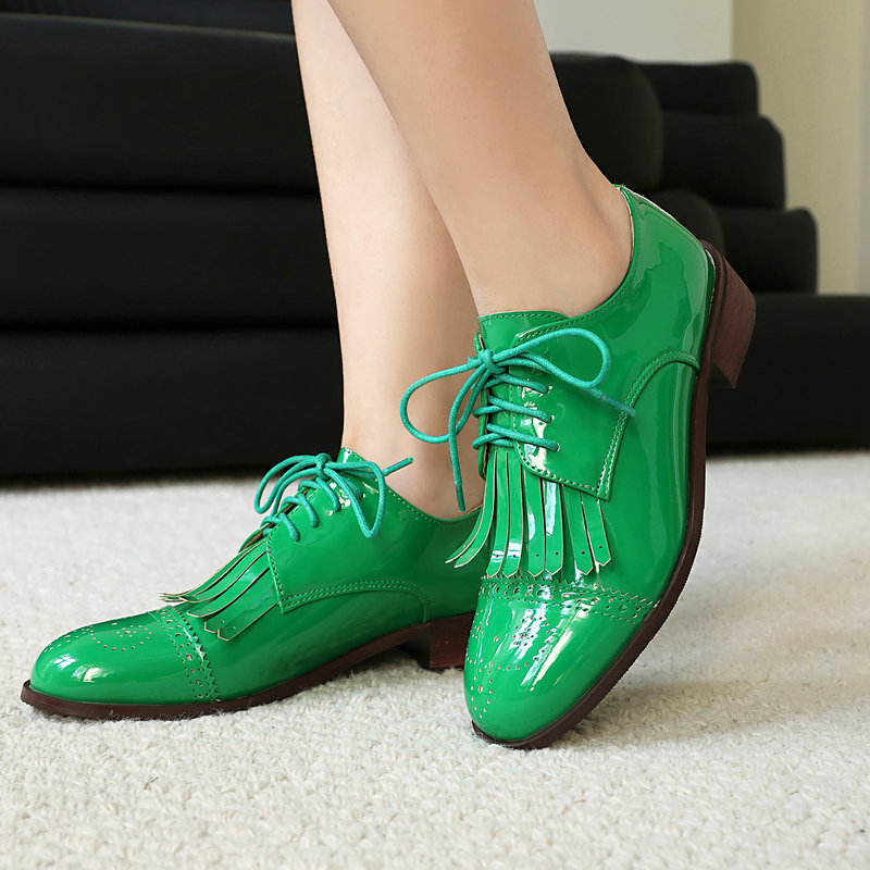 Oxford Lace Up Women - Patent PU Deri Pembe Yeşil Kırmızı